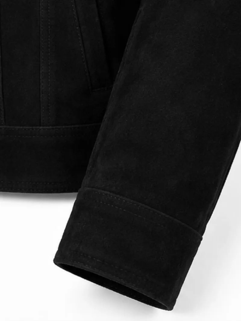 Women's black sheepskin suede leather jacket, lining detail