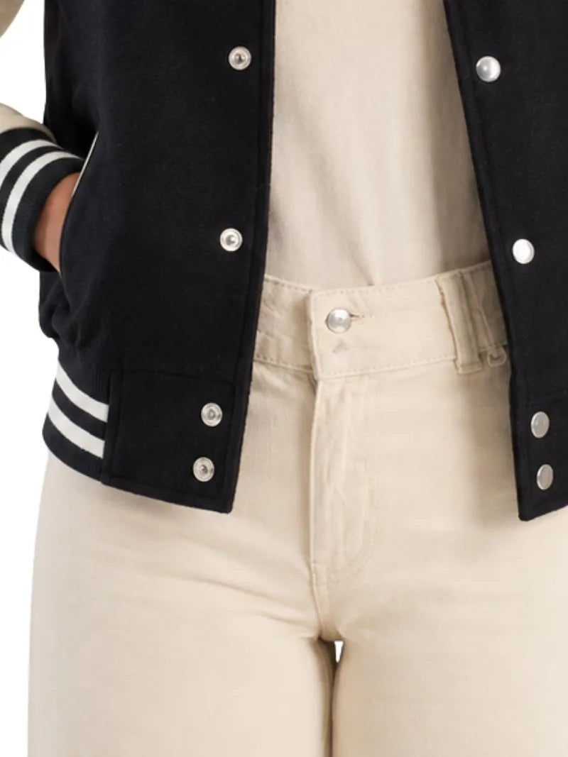Women's black sheepskin leather varsity jacket, pocket detail