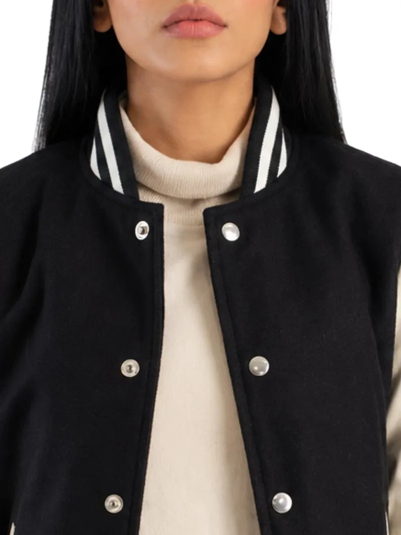 Women's black sheepskin leather varsity jacket, zip and closure detail