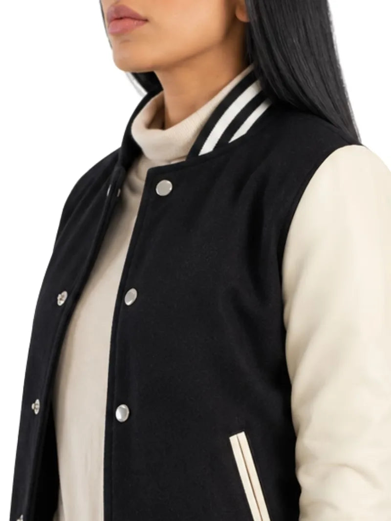 Women's black sheepskin leather varsity jacket, cuff detail