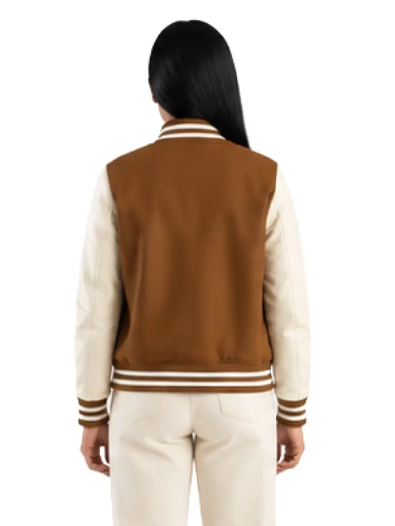 Women's black sheepskin leather varsity jacket, collar detail