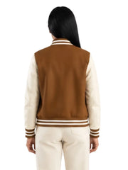 Women's black sheepskin leather varsity jacket, collar detail