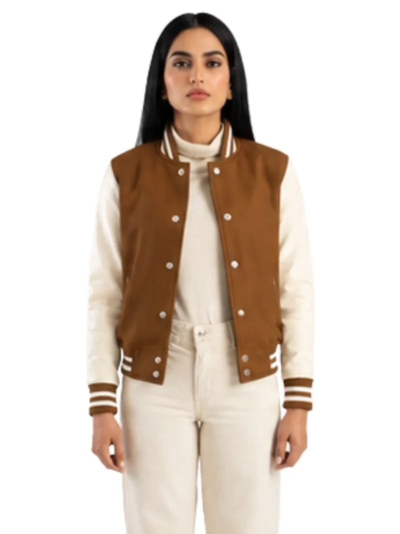 Women's black sheepskin leather varsity jacket, side view