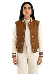 Women's black sheepskin leather varsity jacket, side view