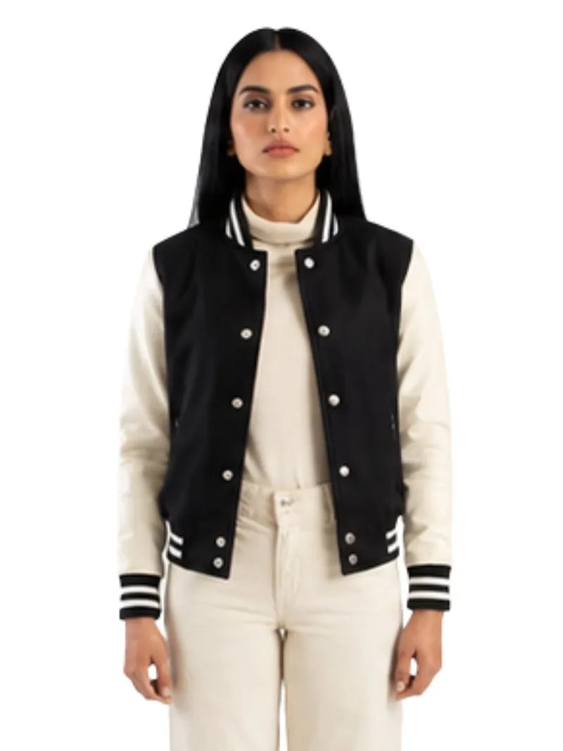 Women's black sheepskin leather varsity jacket, front view