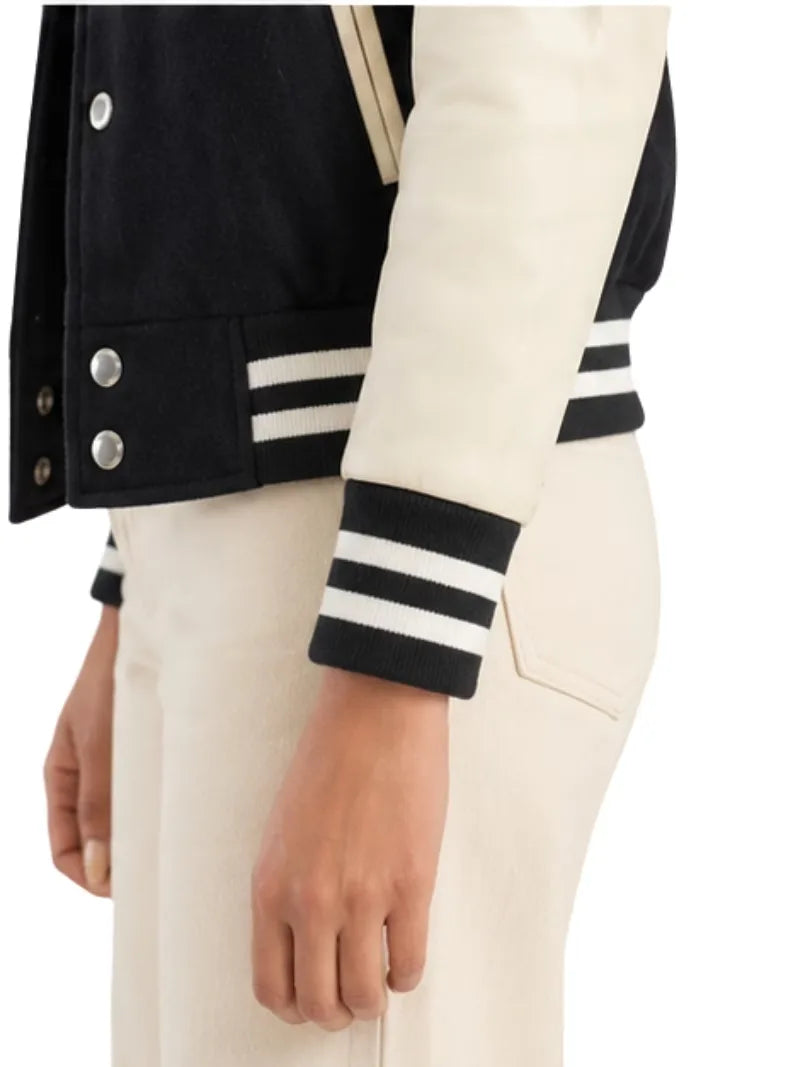 Women's black sheepskin leather varsity jacket, lining detail