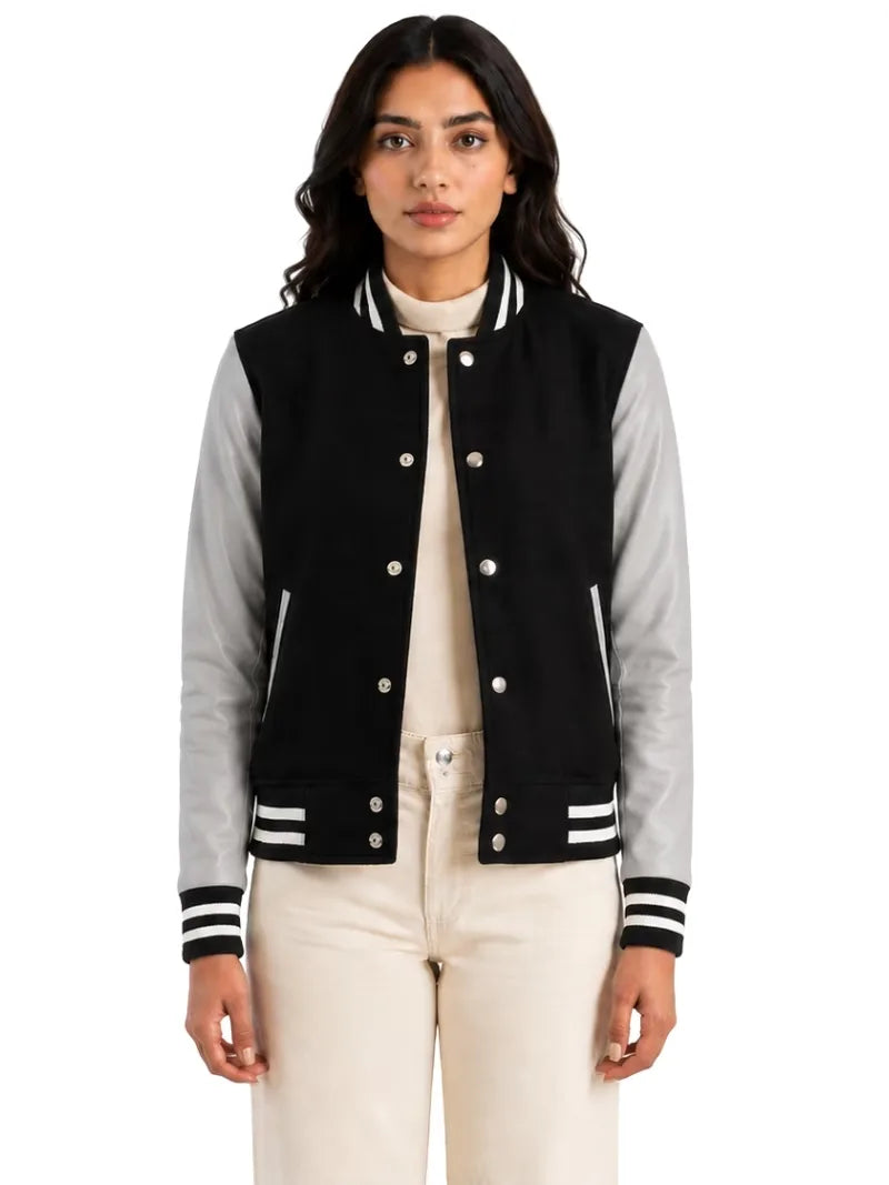 Women's white wool body with sleeves leather varsity jacket, pocket detail
