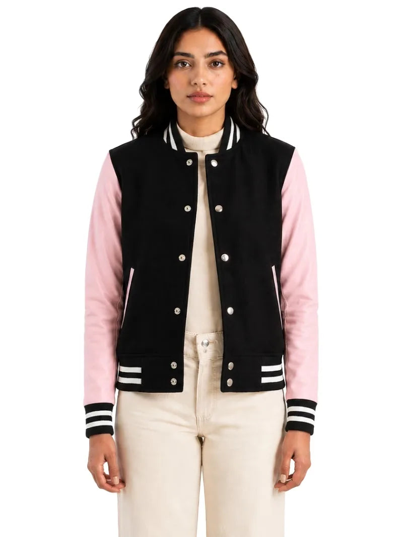 Women's white wool body with sleeves leather varsity jacket, full length