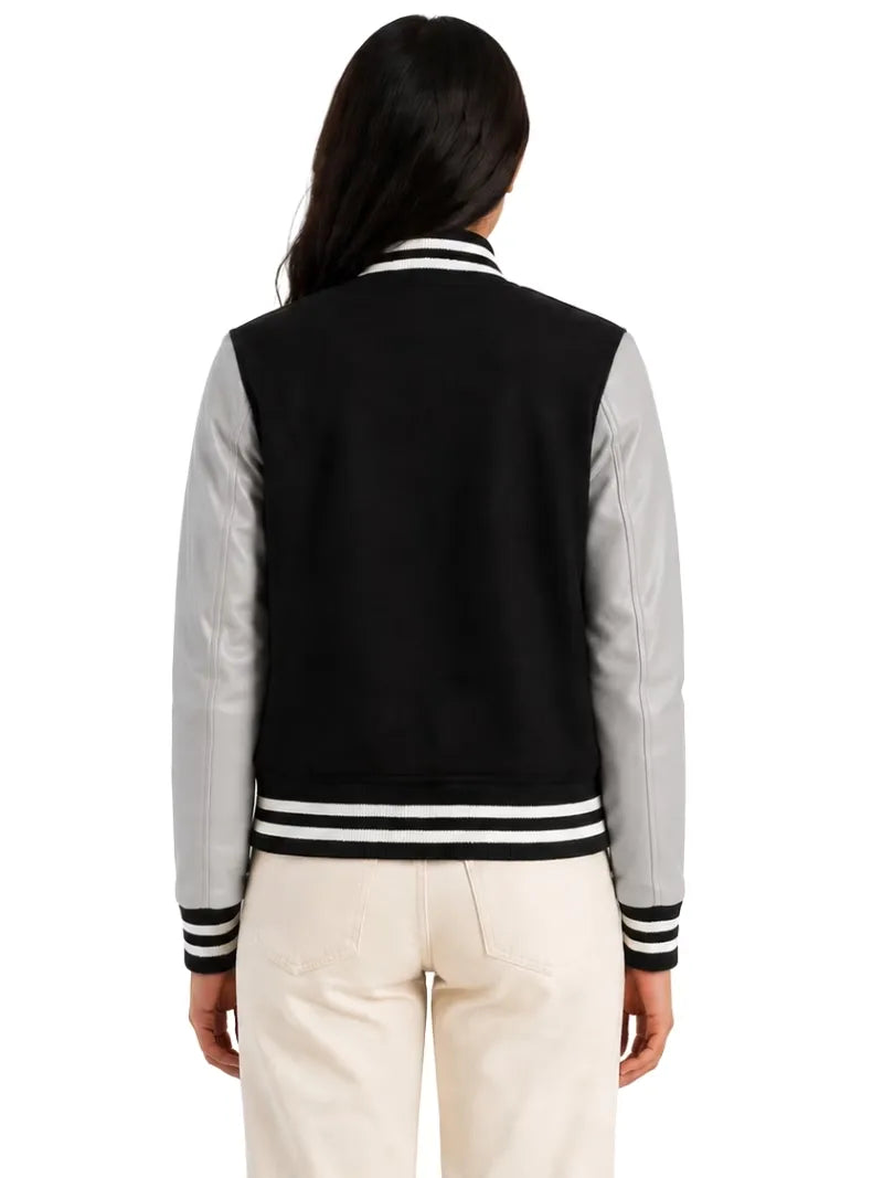Women's white wool body with sleeves leather varsity jacket, lining detail