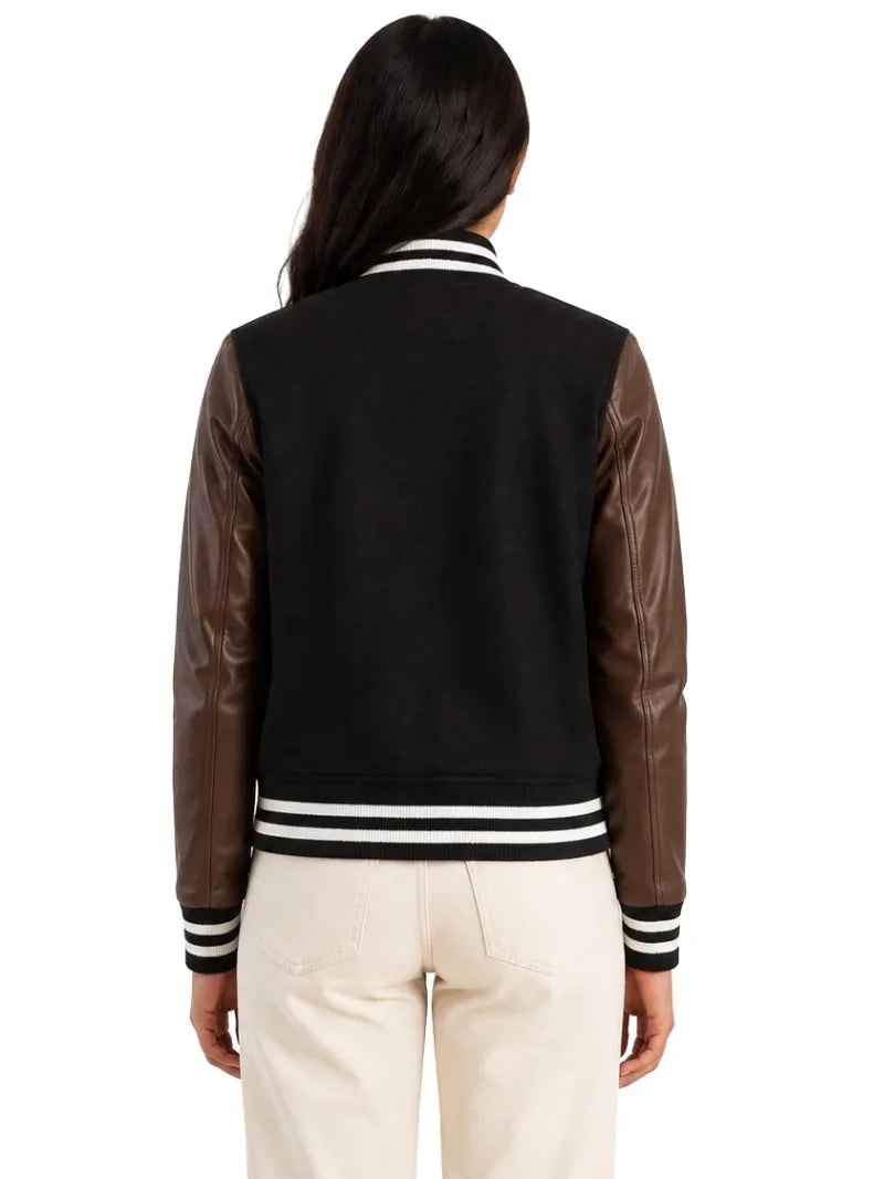 Women's white wool body with sleeves leather varsity jacket, cuff detail
