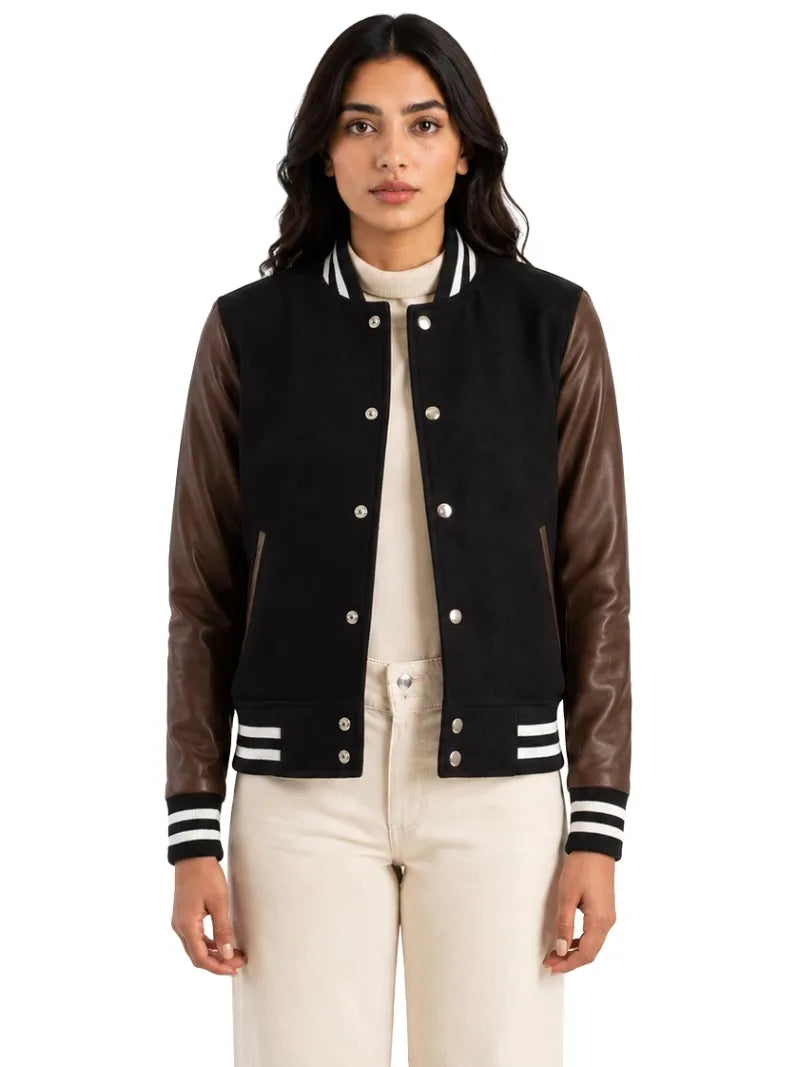 Women's white wool body with sleeves leather varsity jacket, zip and closure detail