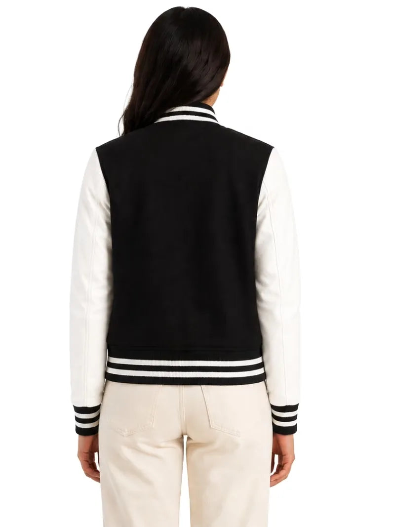 Women's white wool body with sleeves leather varsity jacket, collar detail
