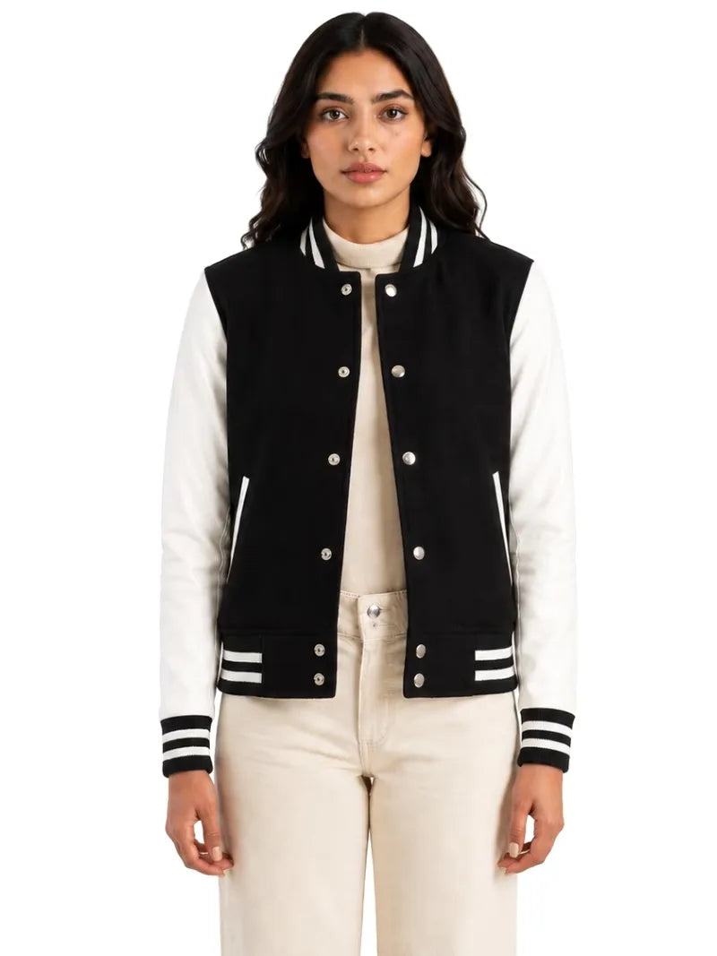 Women's white wool body with sleeves leather varsity jacket, side view
