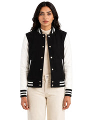 Women's white wool body with sleeves leather varsity jacket, side view