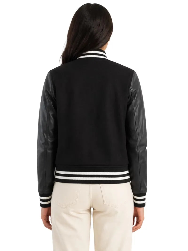 Women's white wool body with sleeves leather varsity jacket, back view