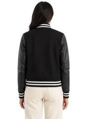 Women's white wool body with sleeves leather varsity jacket, back view