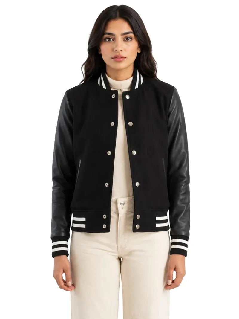 Women's white wool body with sleeves leather varsity jacket, front view