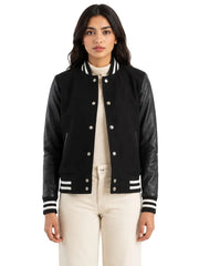 Women's white wool body with sleeves leather varsity jacket, front view