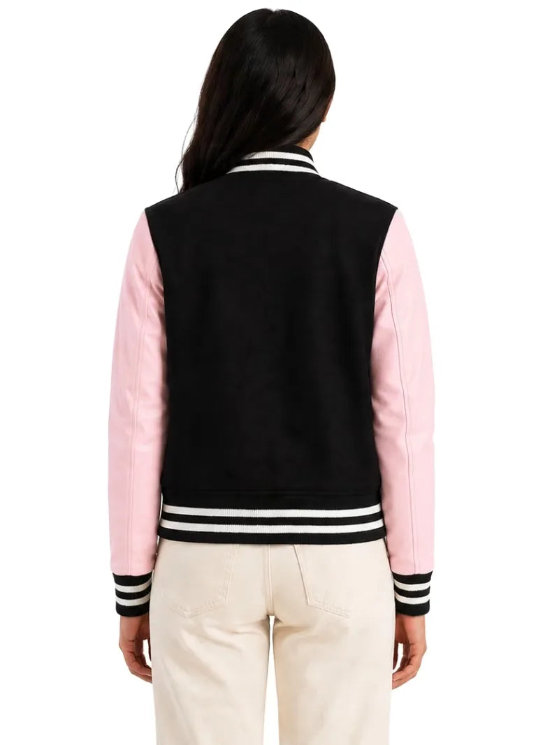 Women's white wool body with sleeves leather varsity jacket, worn on model