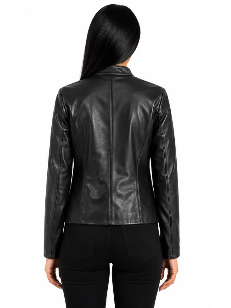 Women's black sheepskin leather jacket, back view