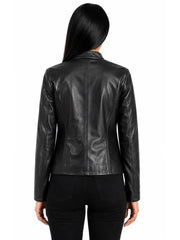 Women's black sheepskin leather jacket, back view