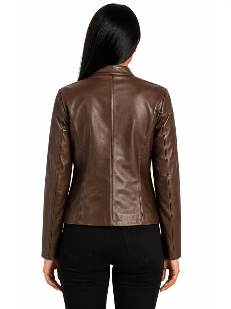 Women's black sheepskin leather jacket, collar detail