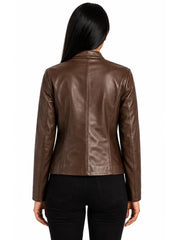 Women's black sheepskin leather jacket, collar detail