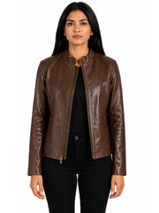 Women's black sheepskin leather jacket, side view