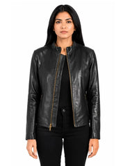 Women's black sheepskin leather jacket, front view