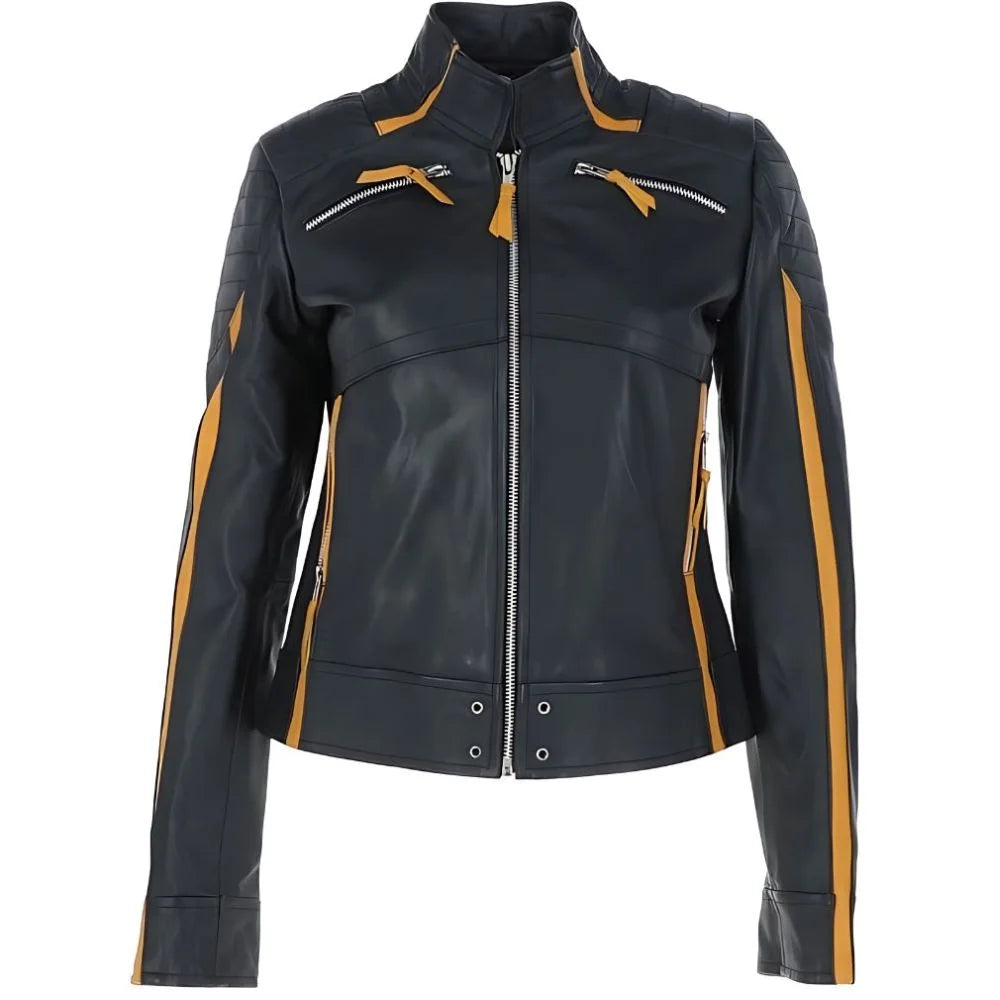 Womens Yellow Stripes Leather Jacket