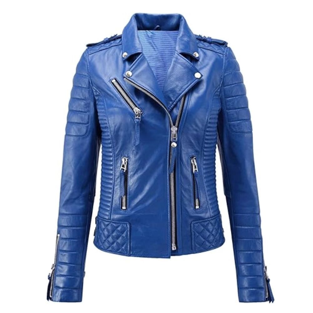 Womens Blue Moto Leather Jacket
